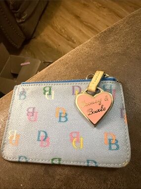 Dooney & Bourke Silver Multicolor DB Logo Card Case with Pink Heart Charm